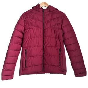 Lombardi Italy Quilted Puffer Jacket Women Medium Burgundy Hooded Zip Stretch